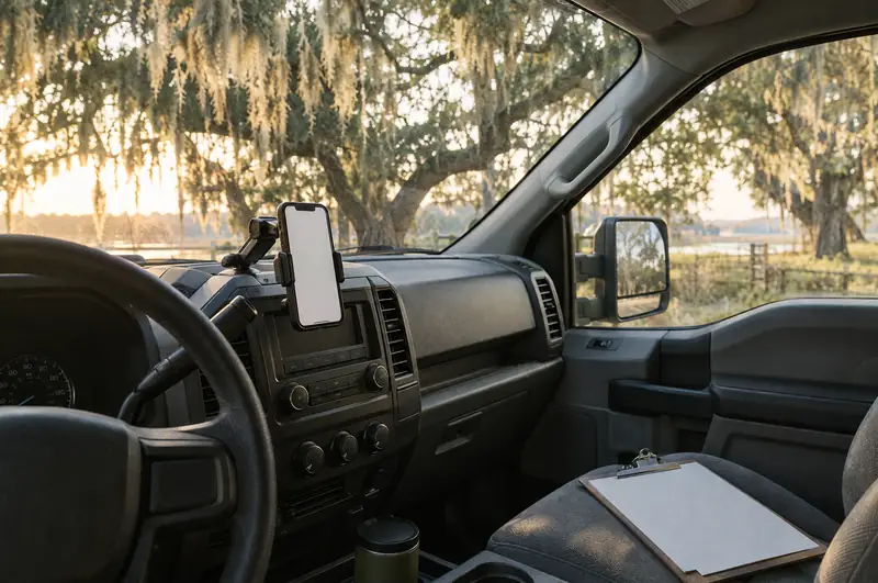 Illustrative photo: a phone in a dash mount in a work truck parked under live oaks