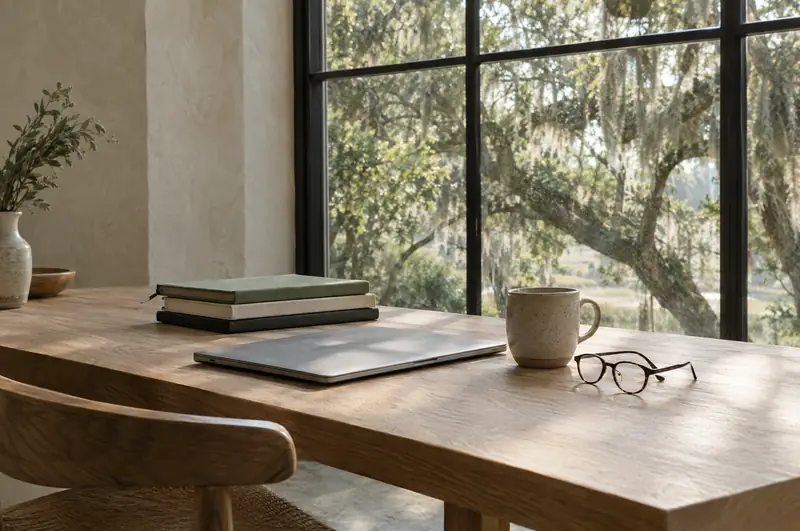 Illustrative photo: notebooks, a laptop and reading glasses on a table by a window