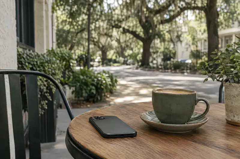 Illustrative photo: a phone and a coffee on a café table under live oaks
