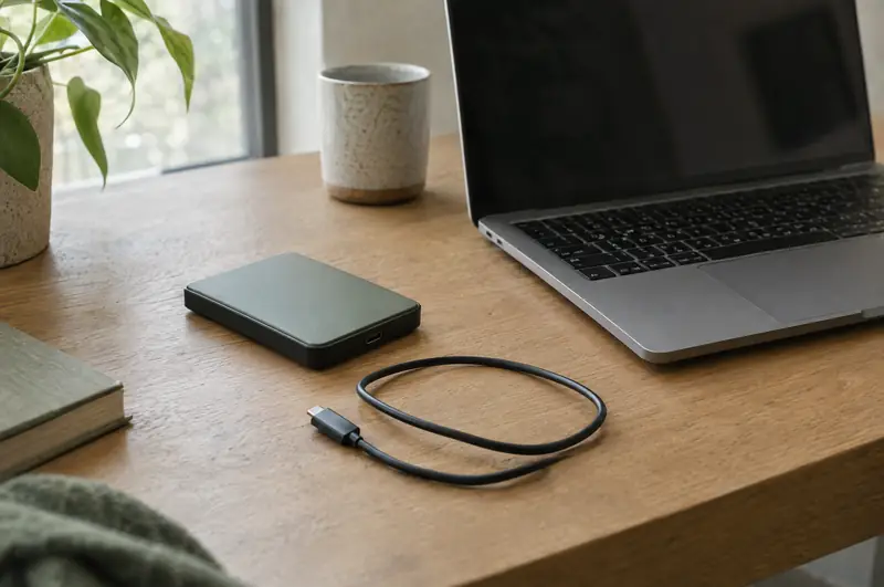 Illustrative photo: a portable hard drive with its cable unplugged beside a laptop
