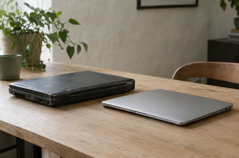 Illustrative photo: an old laptop beside a new one on an oak table