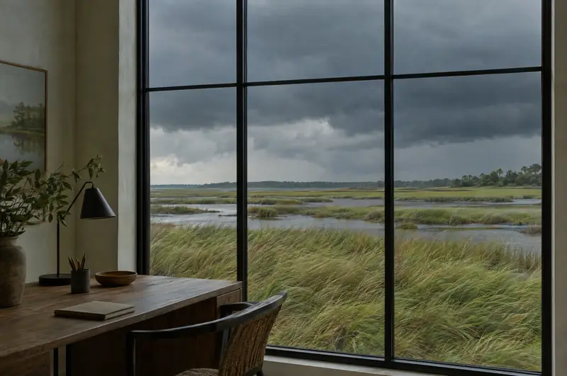 Illustrative photo: storm clouds over the marsh seen from an office window