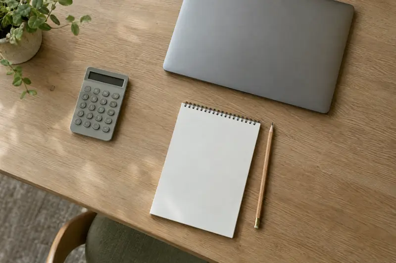 Illustrative photo: a calculator, laptop and notepad on a desk