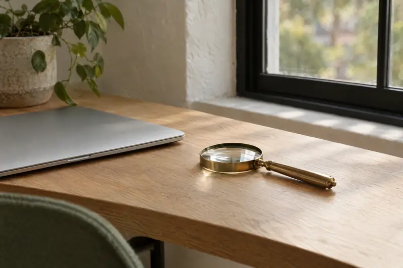 Illustrative photo: a magnifying glass beside a closed laptop