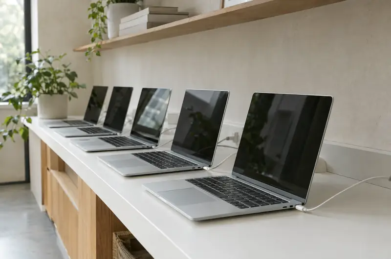 Illustrative photo: a row of new laptops charging on a shelf