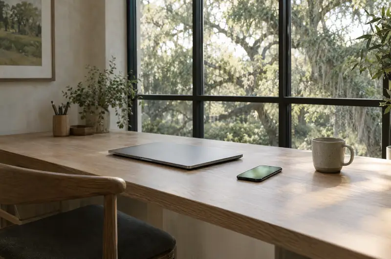 Illustrative photo: a cleared oak desk with a closed laptop and a phone at early morning