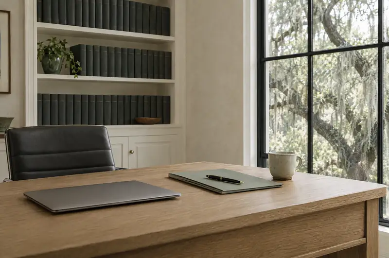 Illustrative photo: an oak desk with a closed laptop and a file folder in an office lined with bound volumes