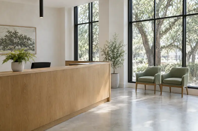 Illustrative photo: an empty, sunlit reception area in a medical practice