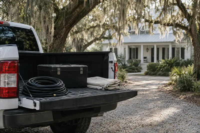 Illustrative photo: a work truck's open tailgate with a coiled hose and toolbox in a driveway