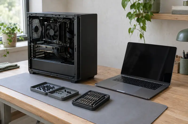 Illustrative photo: an open desktop tower and a laptop on a repair bench