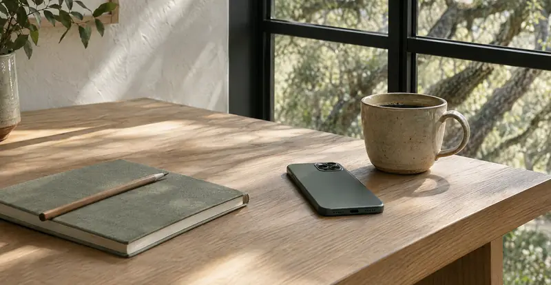 Illustrative photo: a phone, a cup of coffee and a notebook on an oak desk