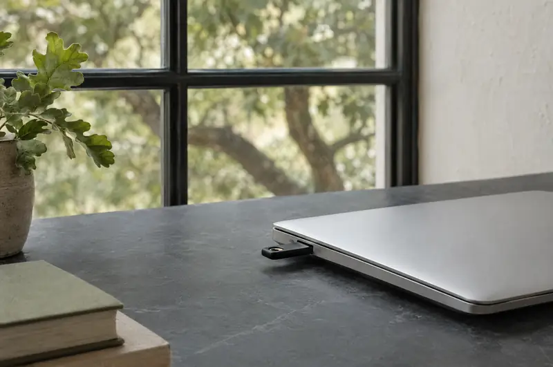 Illustrative photo: a closed laptop with a hardware security key plugged in