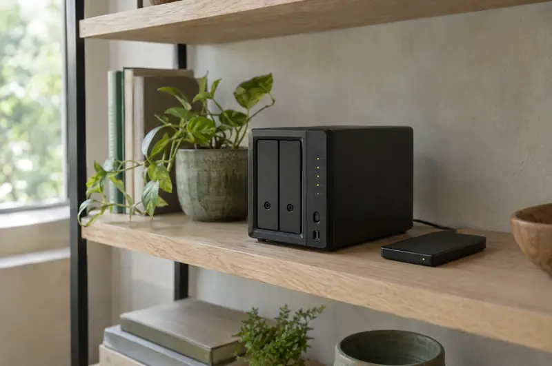 Illustrative photo: a network storage box and an external drive on a shelf
