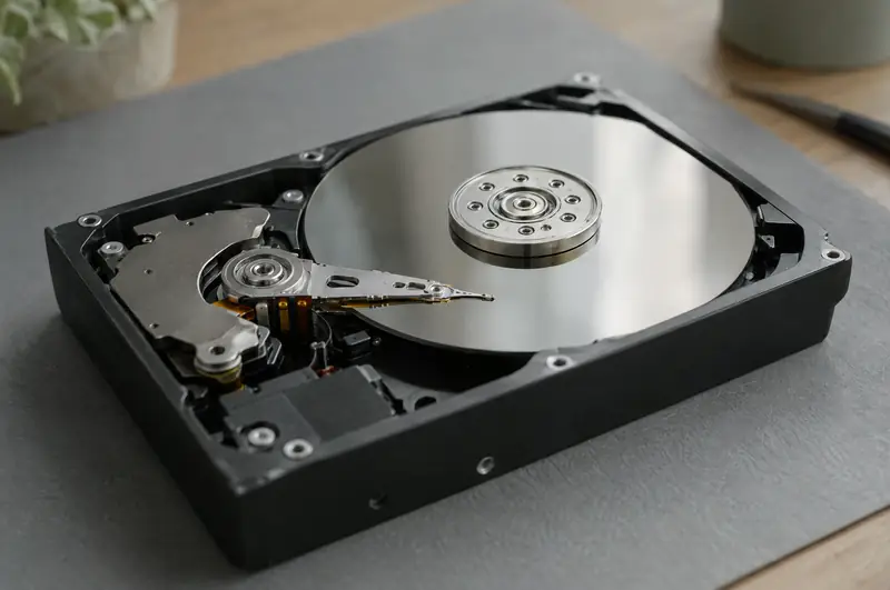 Illustrative photo: an opened hard drive showing its platter and read arm