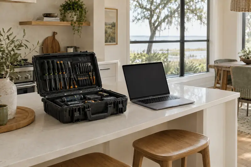 Illustrative photo: a technician's tool case and a laptop on a kitchen island