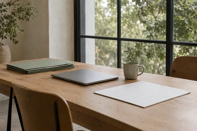 Illustrative photo: a closed laptop, a blank calendar and file folders on an oak table by a window