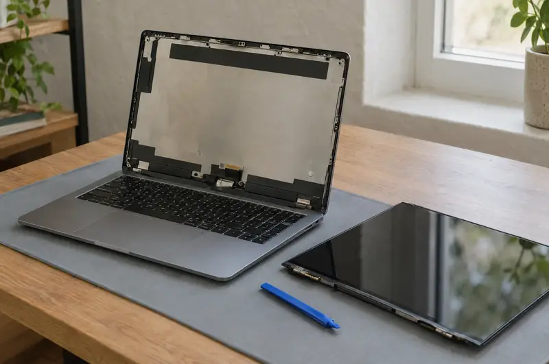 Illustrative photo: a laptop with its screen removed and a replacement panel beside it