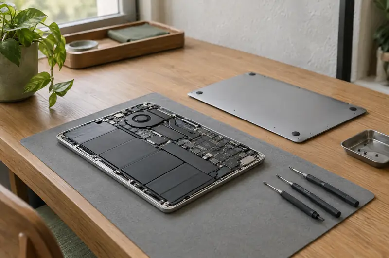 Illustrative photo: a slim laptop opened from the bottom on an anti-static mat
