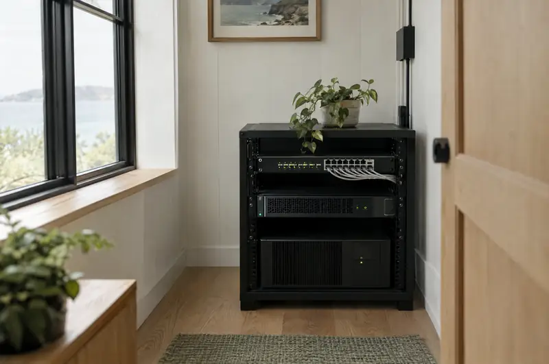 Illustrative photo: a small server closet with a rack, battery backup and switch