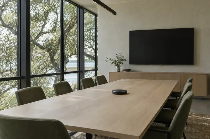 Illustrative photo: an empty conference room with a speakerphone on the table