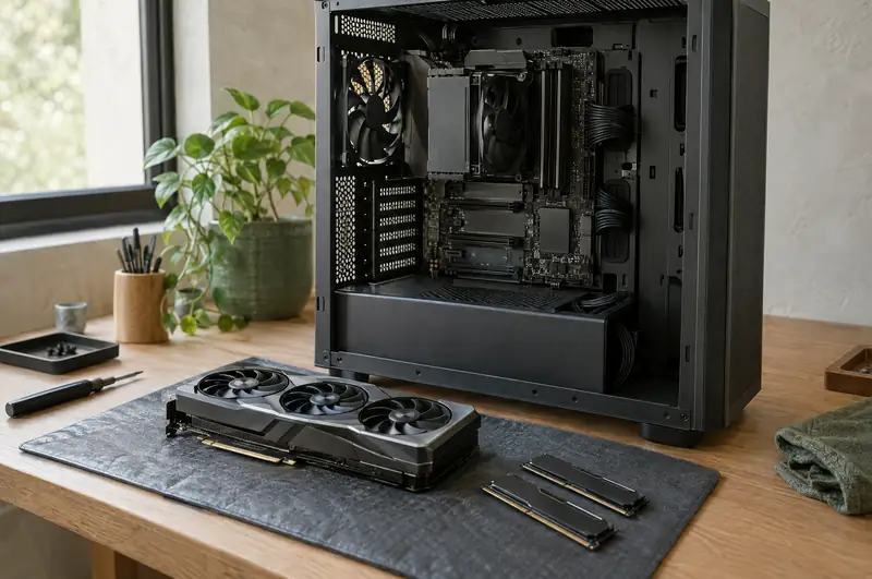 Illustrative photo: an open PC case with a new graphics card and memory beside it