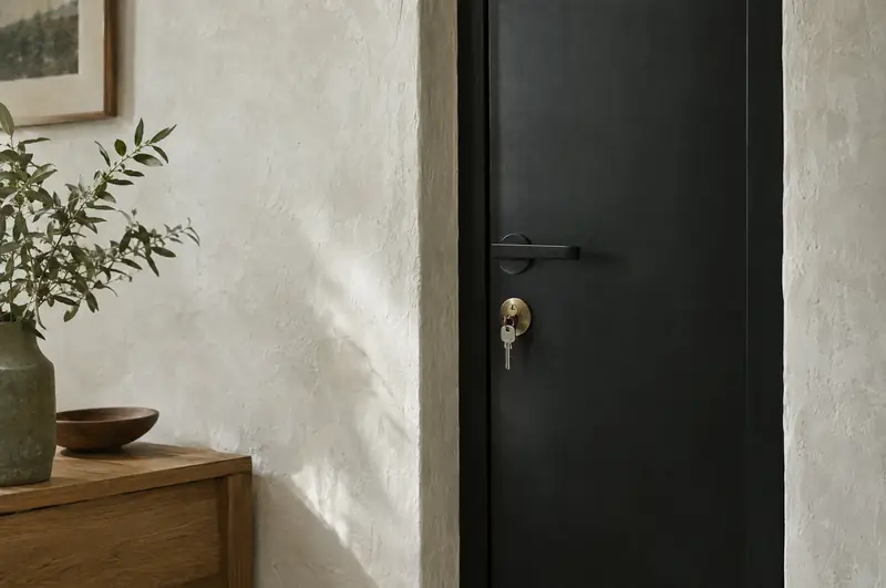 Illustrative photo: a black steel door with a brass lock and key