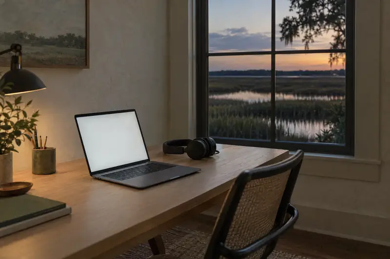 Illustrative photo: a laptop and headset on a home office desk at dusk