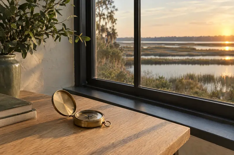 Illustrative photo: a brass compass on a table by a window onto the marsh at sunset
