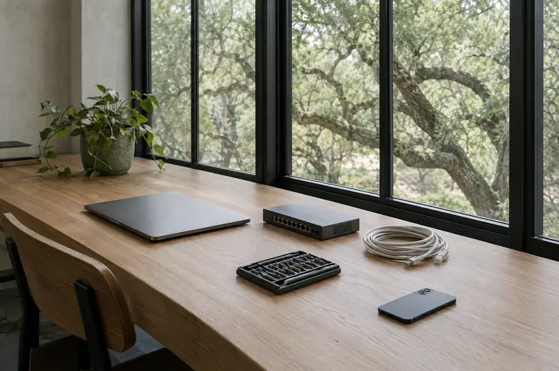 Illustrative photo: a laptop, network switch, cable and tools laid out on a workbench