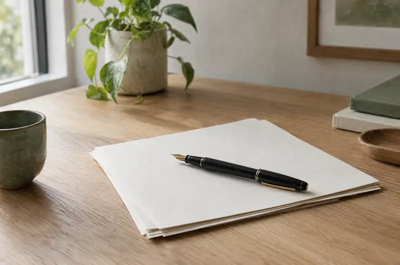 Illustrative photo: a fountain pen on blank paper on an oak desk