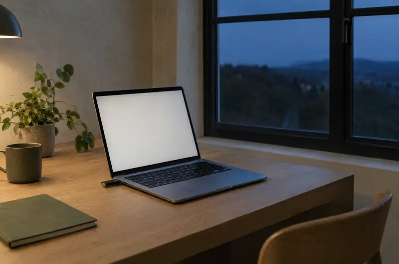 Illustrative photo: a laptop with a USB drive plugged in on a desk at dusk