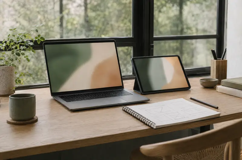 Illustrative photo: a laptop and tablet on a design desk by a window