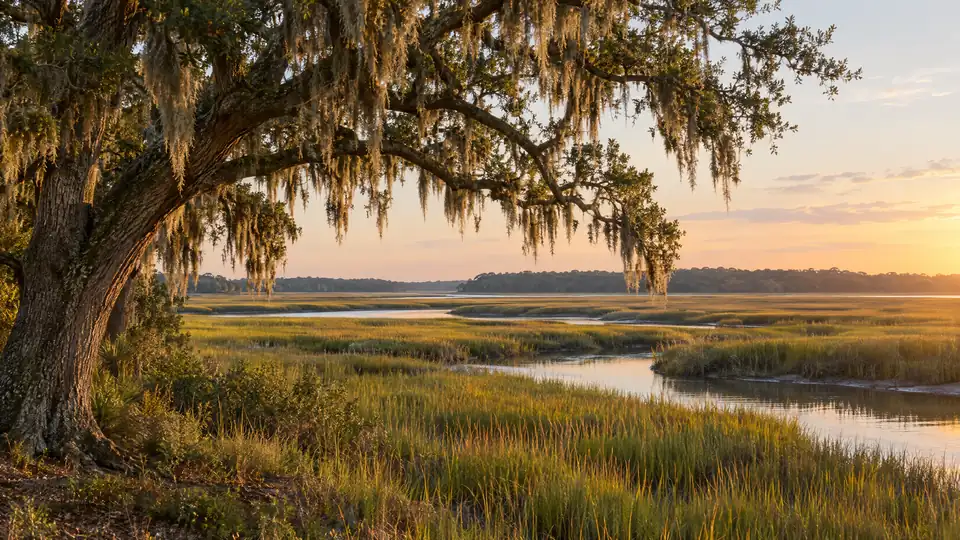 Illustrative photo: a live oak draped in Spanish moss over a Lowcountry salt marsh at golden hour