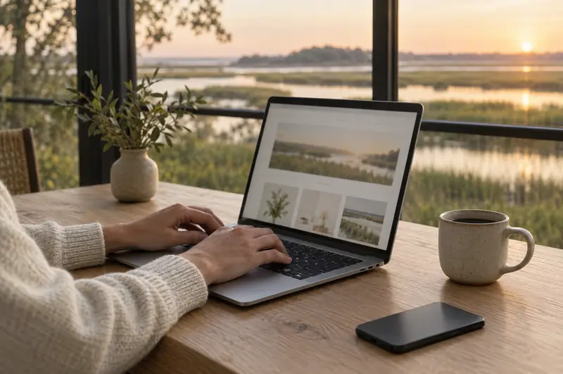Illustrative photo: working on a laptop beside a window overlooking the marsh